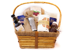 Wicker basket with products on white background